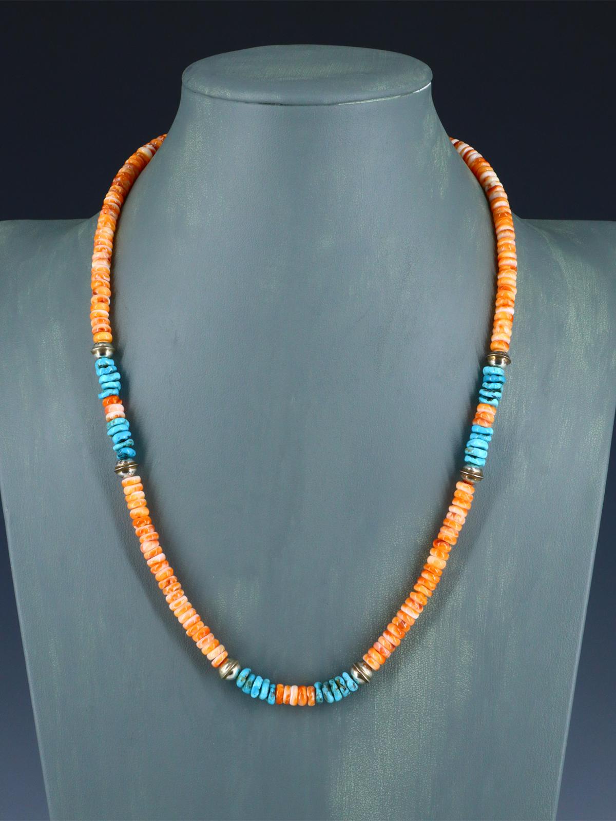 Native American Jewelry Single Strand Turquoise and Spiny Oyster Necklace - PuebloDirect.com