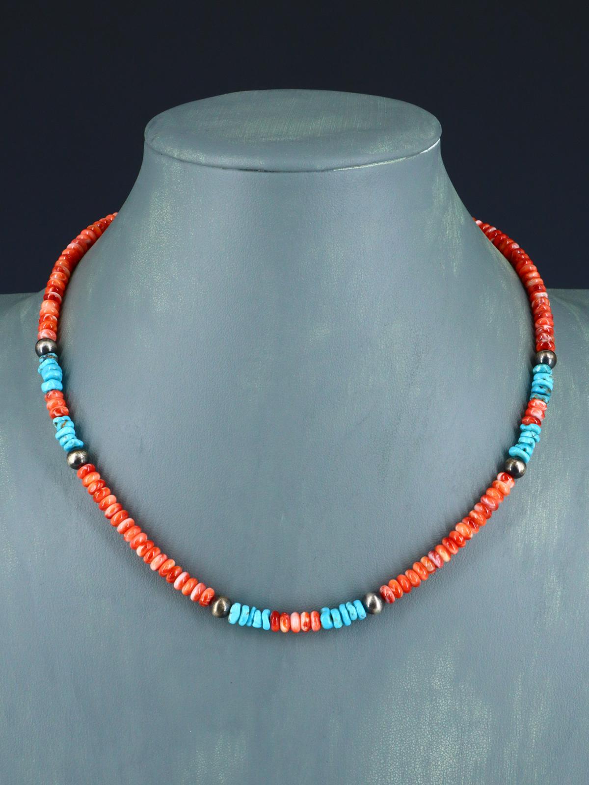 Navajo Jewelry Single Strand Turquoise and Spiny Oyster Necklace