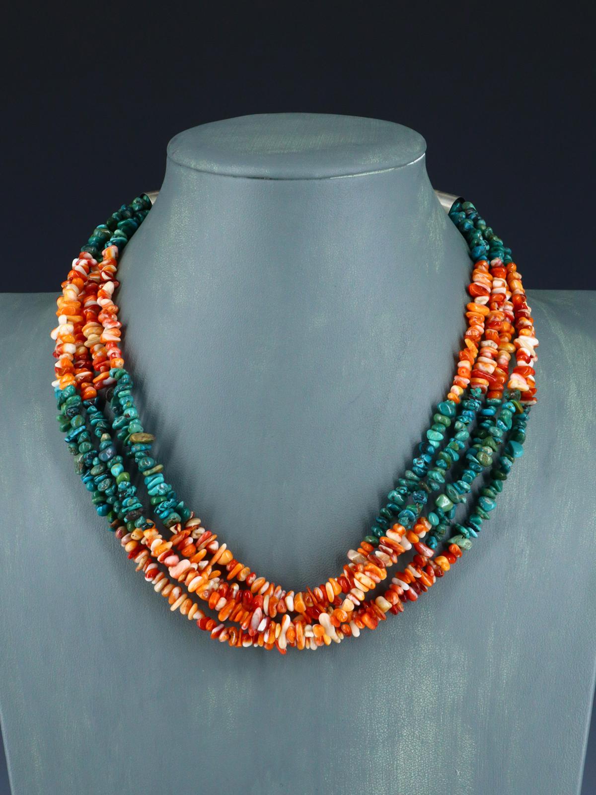 18" Native American Five Strand Turquoise and Spiny Oyster Necklace