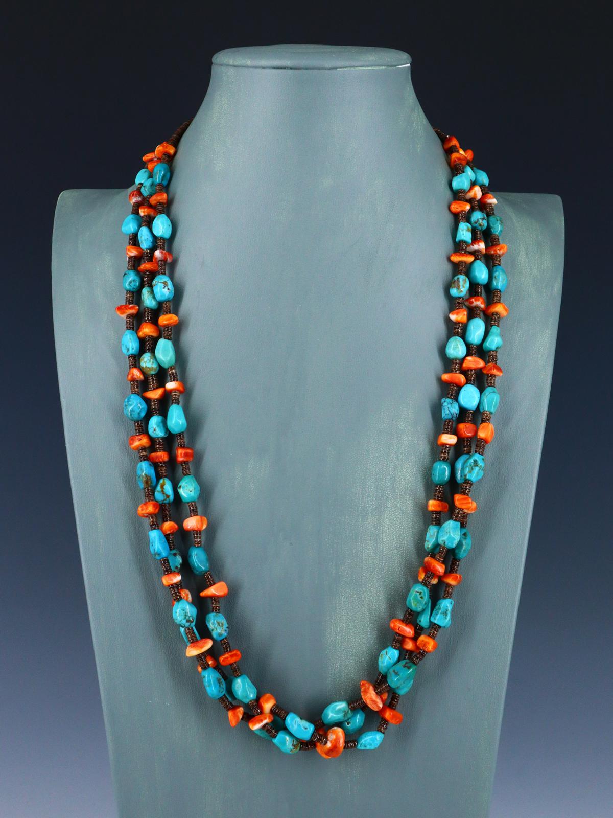 Native American Spiny Oyster and Turquoise Triple Strand Necklace