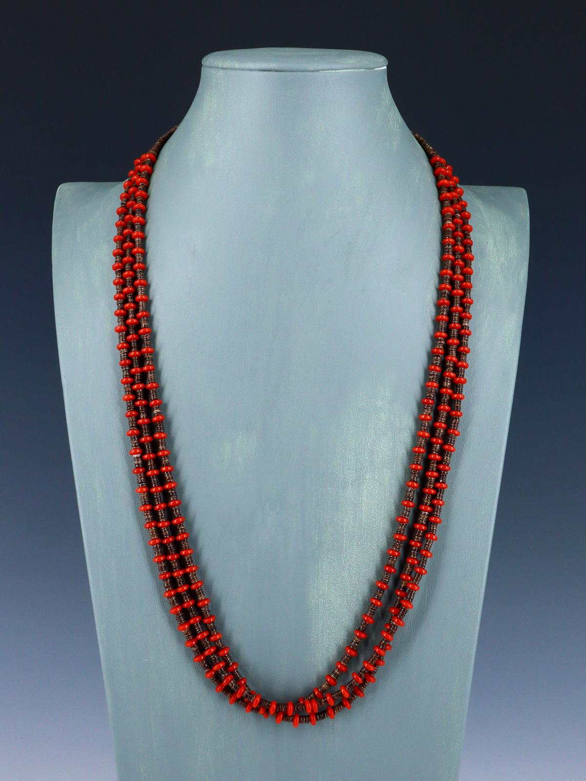 Native American Coral Heishi Multi Strand Necklace