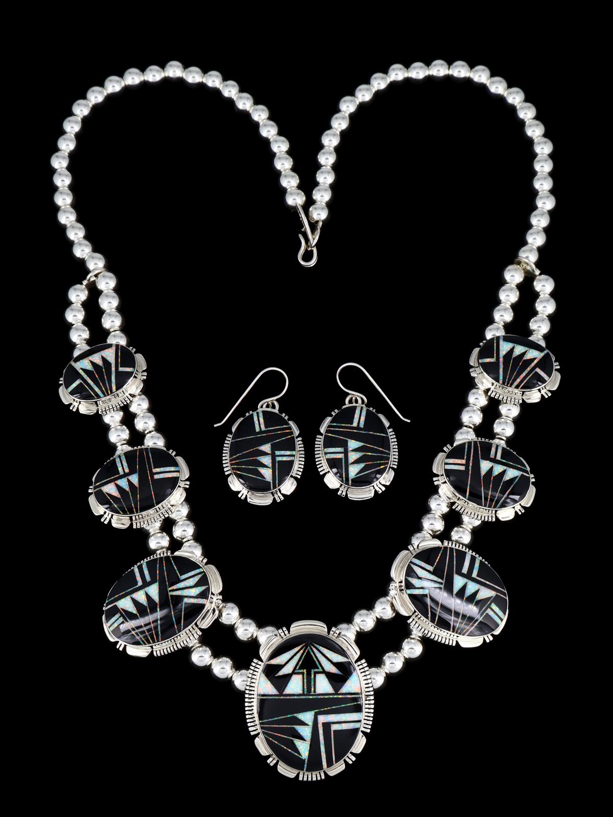 Navajo Jewelry Onyx and Opalite Inlay Necklace and Earrings Set