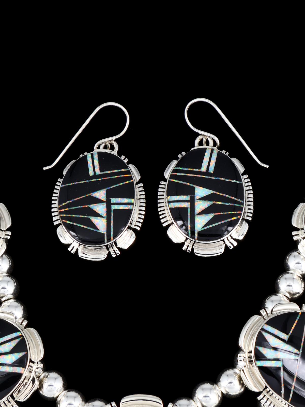 Navajo Jewelry Onyx and Opalite Inlay Necklace and Earrings Set