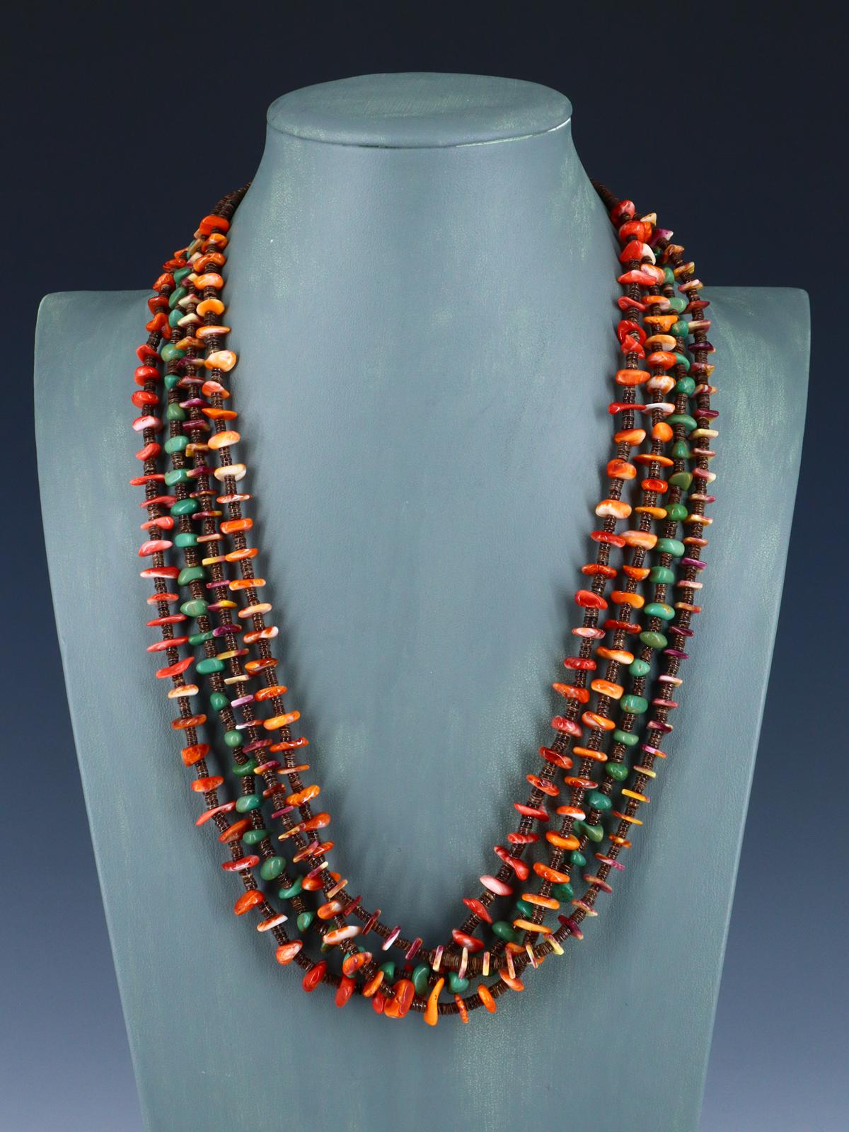 Native American Spiny Oyster and Turquoise Four Strand Necklace