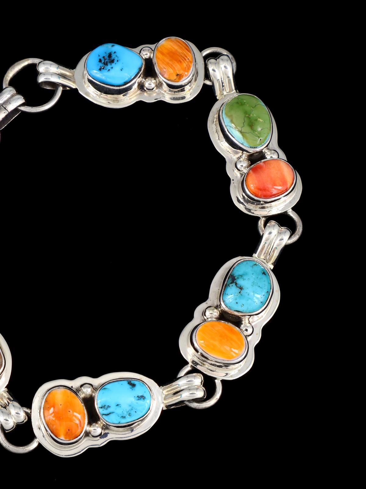 Native American Turquoise and Spiny Oyster Sterling Silver Link Bracelet
