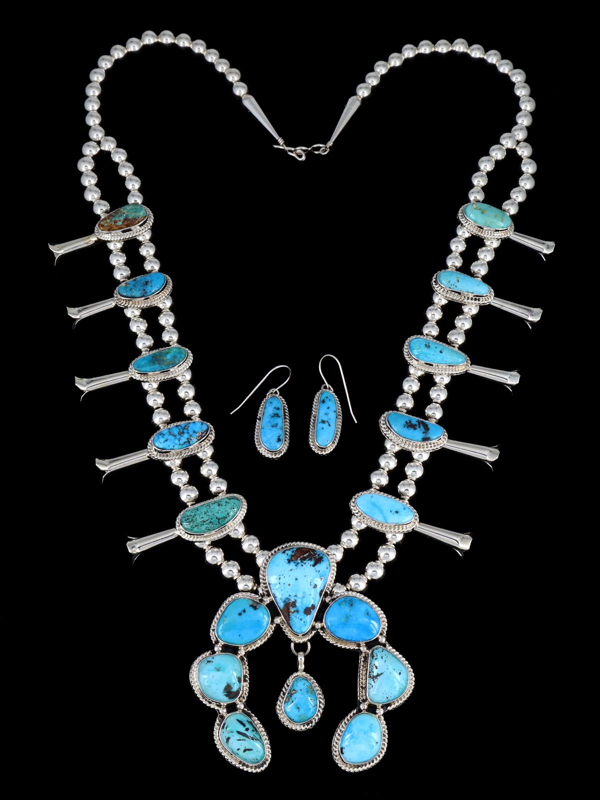 Ensemble de colliers amérindiens en argent sterling Kingman Turquoise Squash Blossom