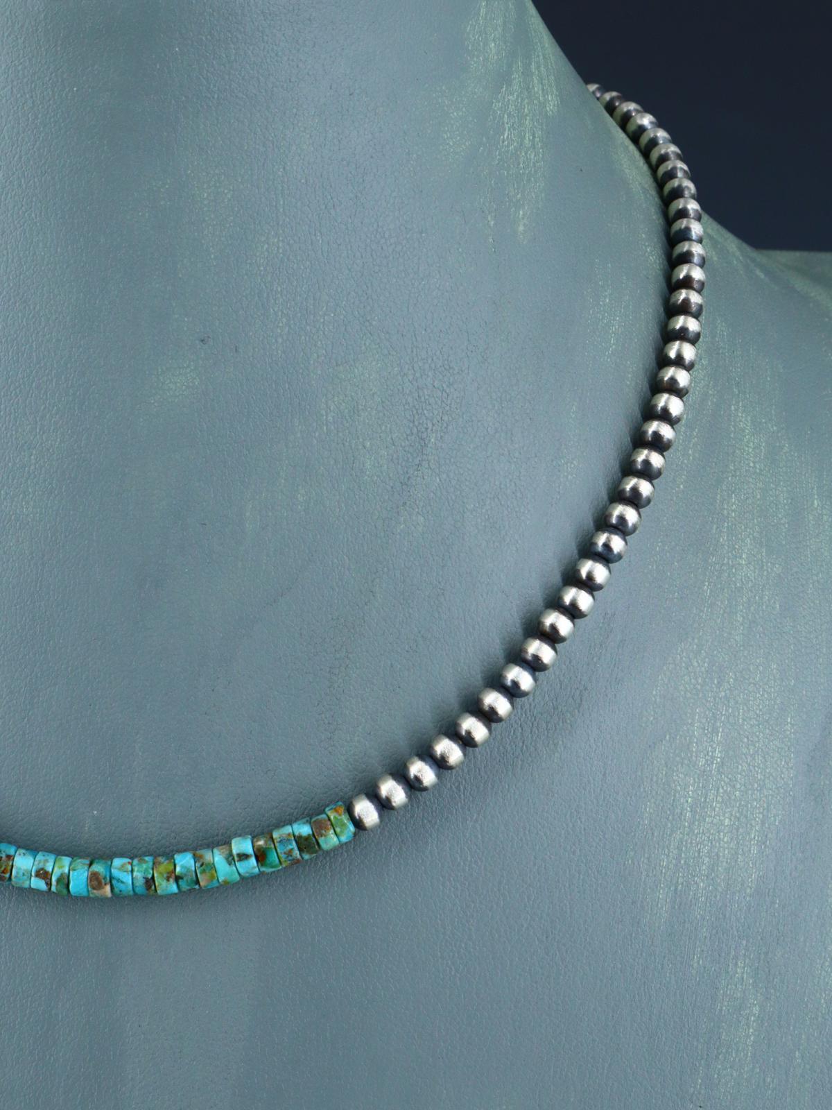 16" Native American Turquoise and Silver Bead Necklace