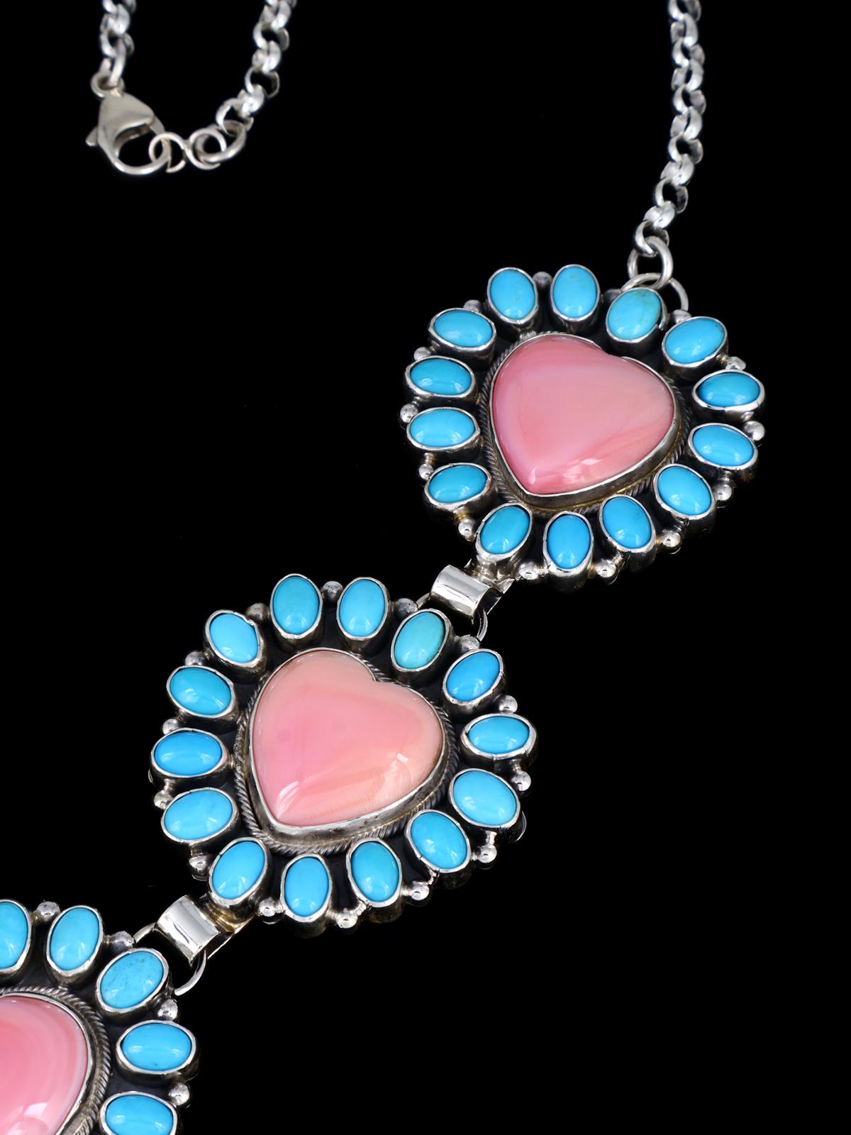 Navajo Jewelry Pink Conch Heart and Sleeping Beauty Turquoise Lariat Necklace