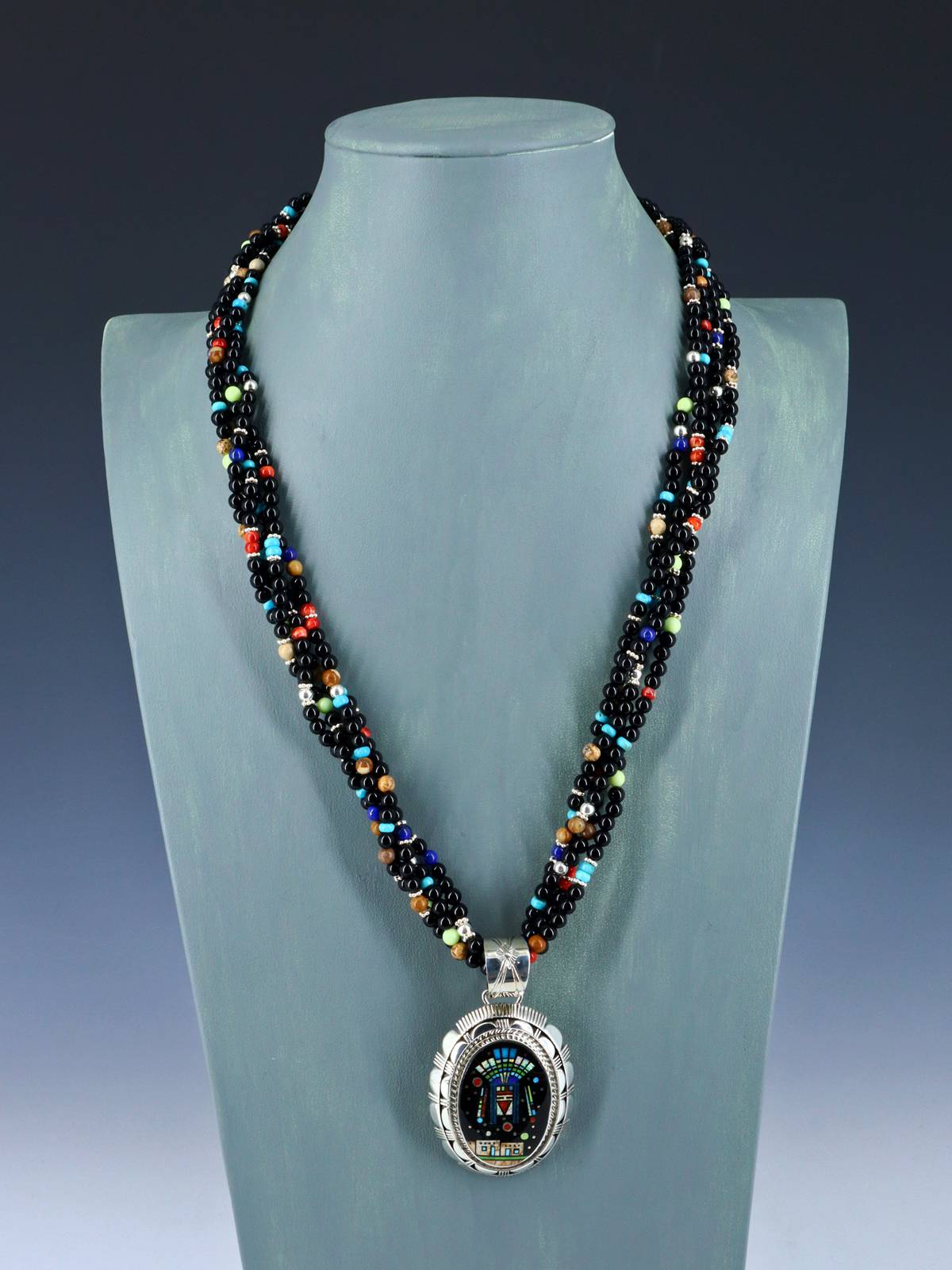 Native American Night Sky Inlay Yei Pendant with Beaded Necklace - PuebloDirect.com