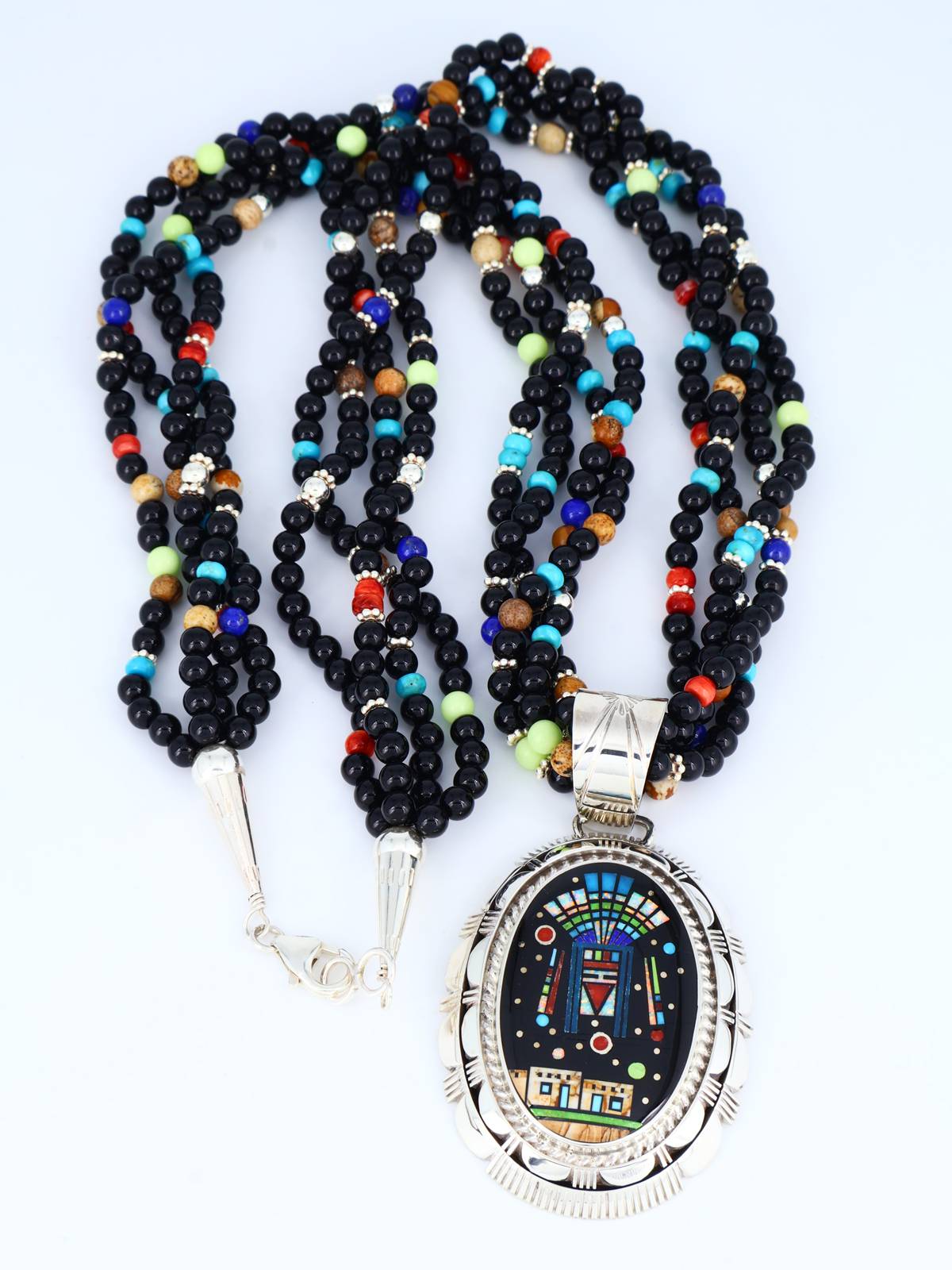 Native American Night Sky Inlay Yei Pendant with Beaded Necklace - PuebloDirect.com