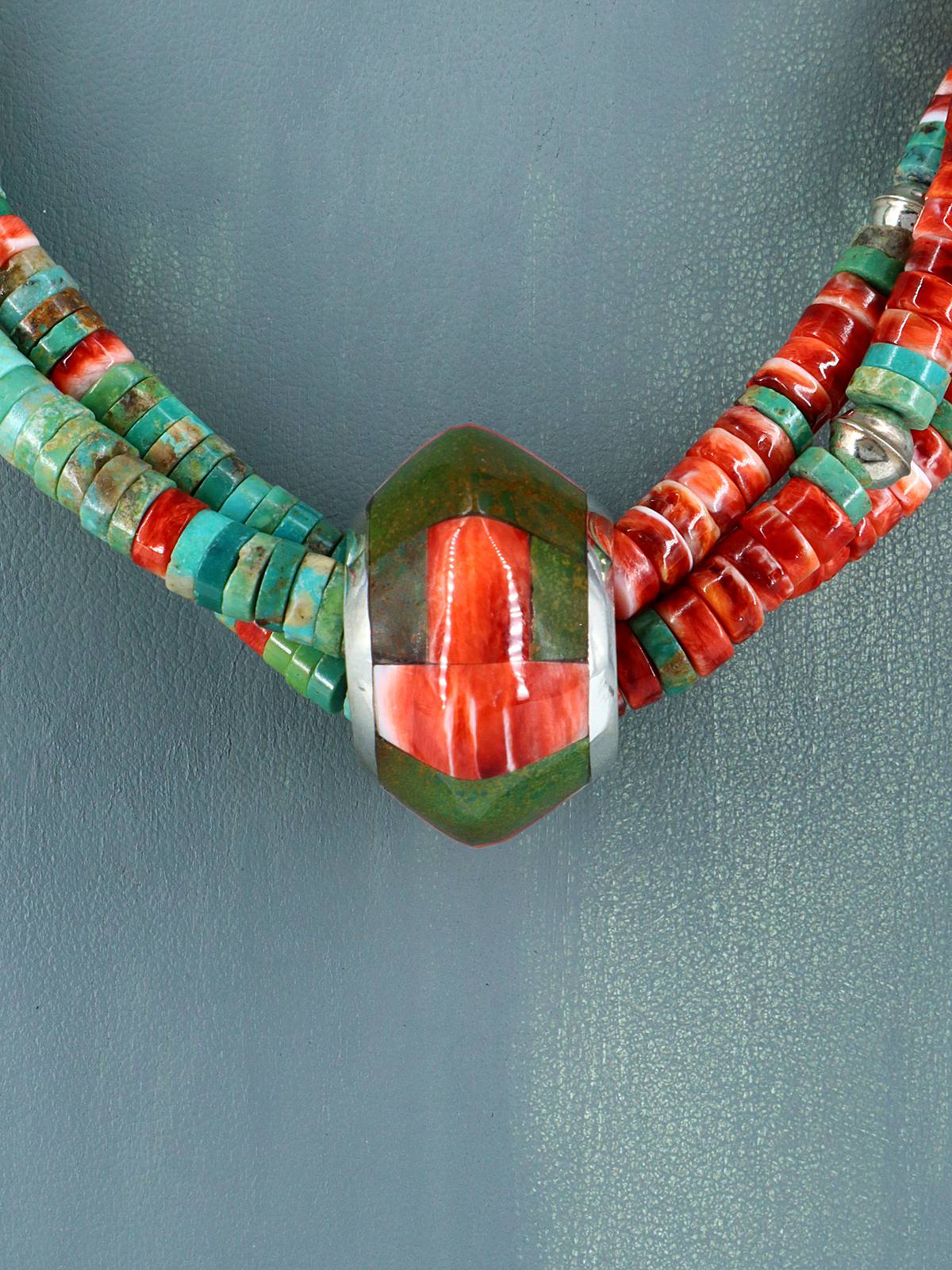 Santo Domingo Spiny Oyster and Turquoise Spinner Necklace - PuebloDirect.com