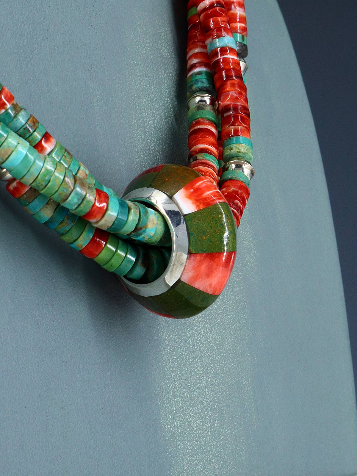 Santo Domingo Spiny Oyster and Turquoise Spinner Necklace - PuebloDirect.com