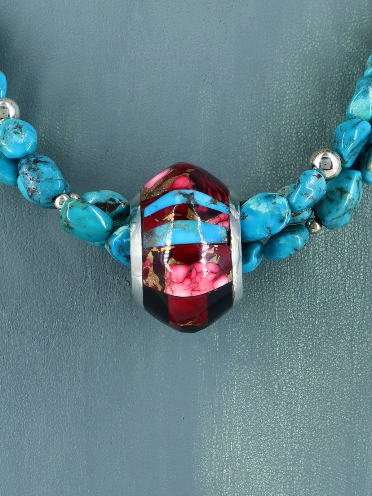 Santo Domingo Spiny Oyster and Turquoise Spinner Necklace - PuebloDirect.com