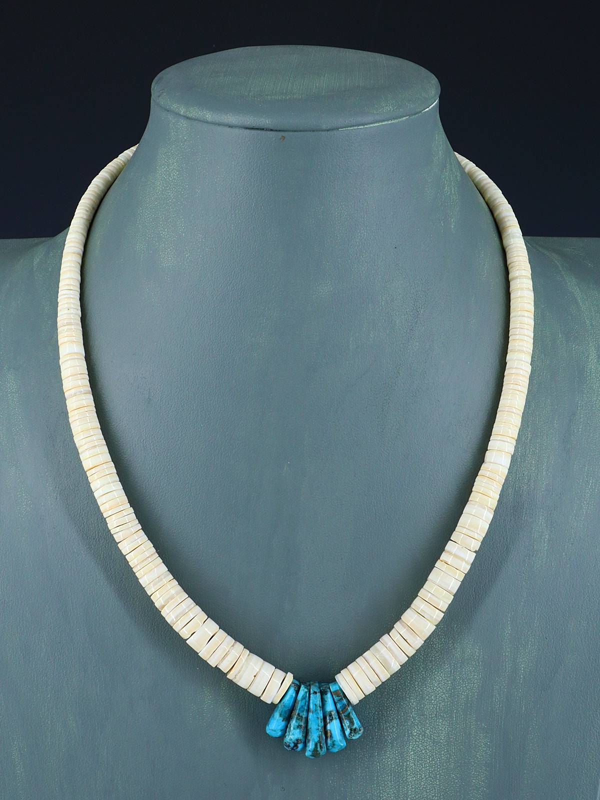 Native American Jewelry Single Strand Shell Heishi and Turquoise Necklace