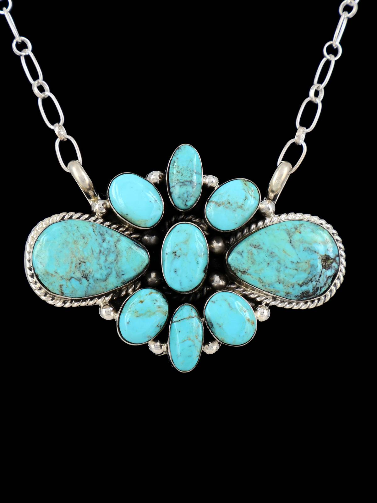 Navajo Turquoise Sterling Silver Cluster Necklace