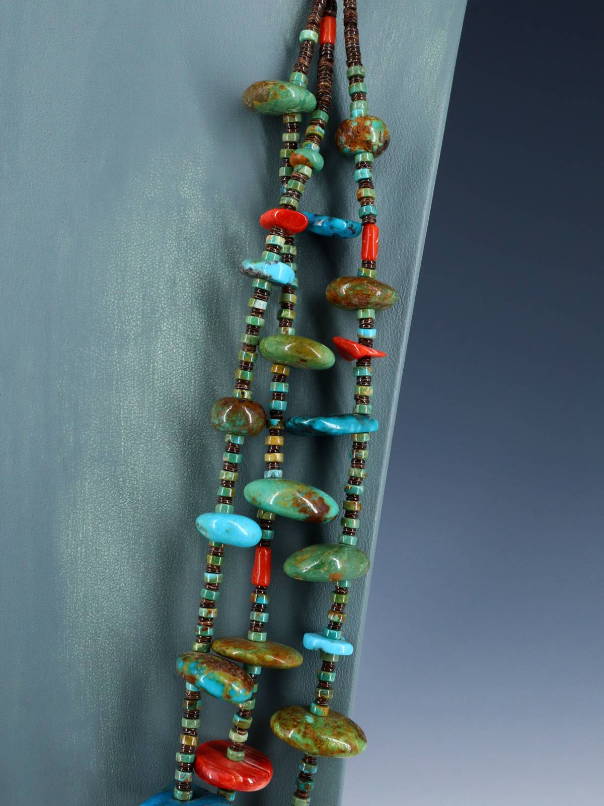 Native American Jewelry Three Strand Turquoise and Spiny Oyster Necklace - PuebloDirect.com