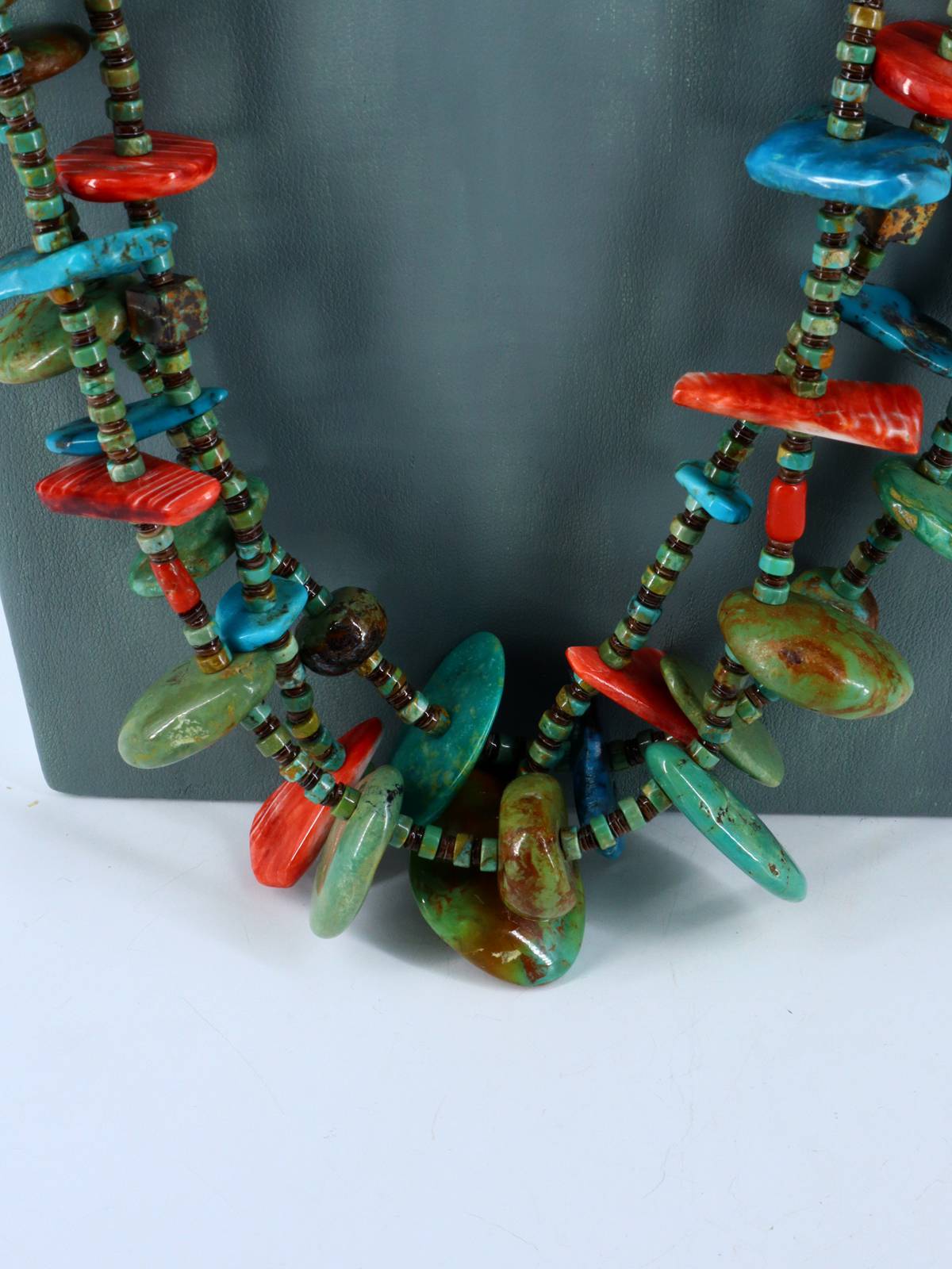 Native American Jewelry Three Strand Turquoise and Spiny Oyster Necklace - PuebloDirect.com