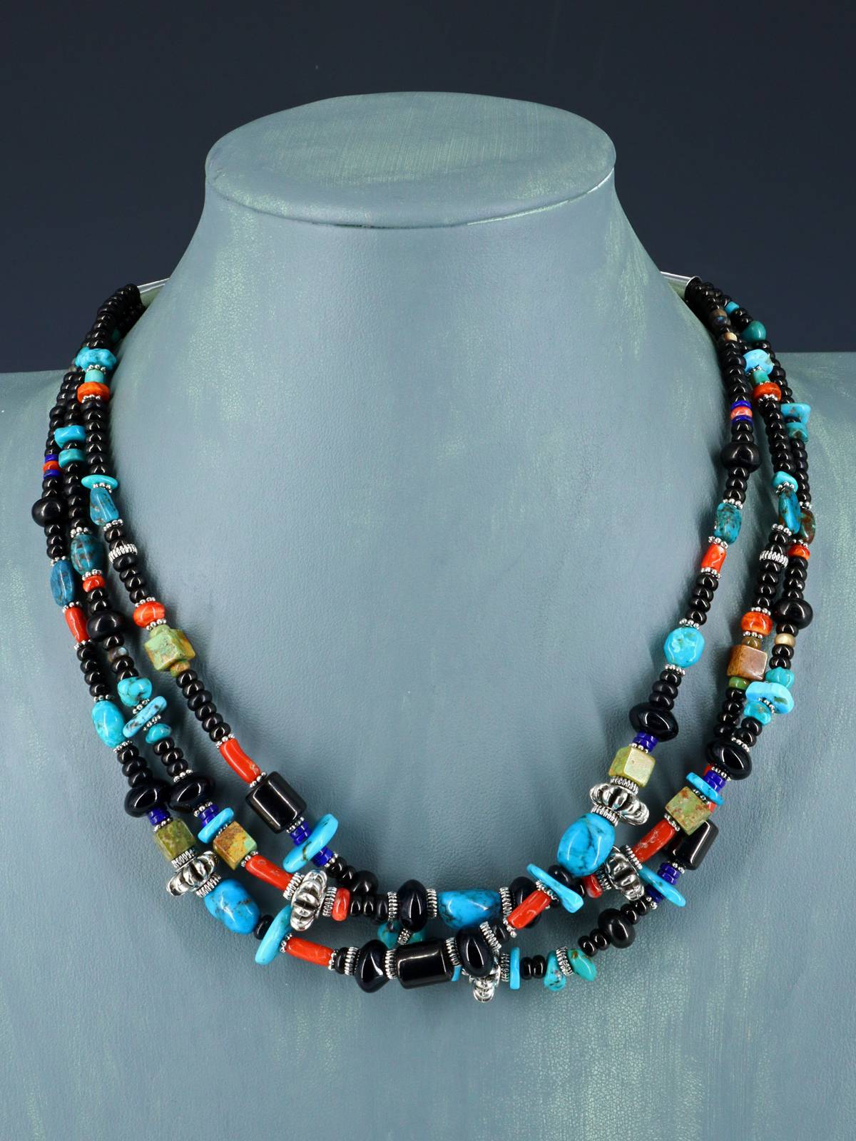 Native American Jewelry Triple Strand Black Jet Treasure Necklace - PuebloDirect.com