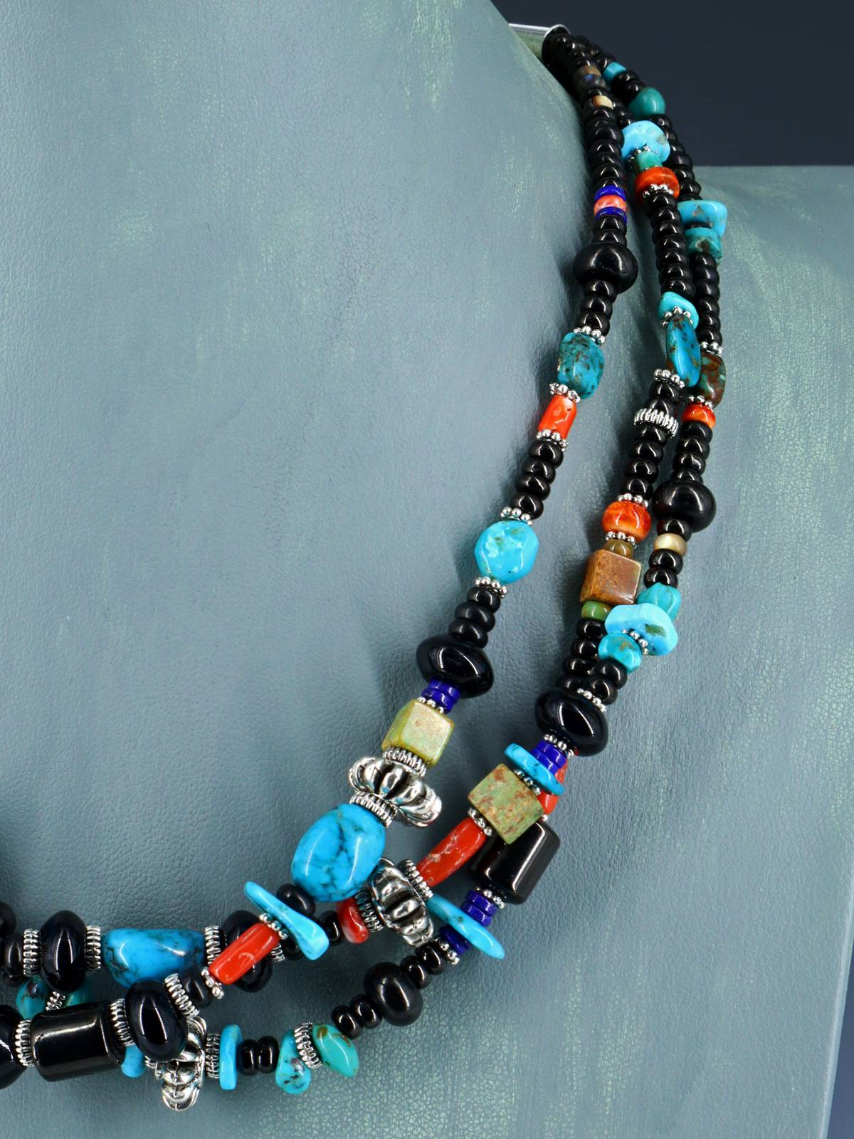 Native American Jewelry Triple Strand Black Jet Treasure Necklace - PuebloDirect.com