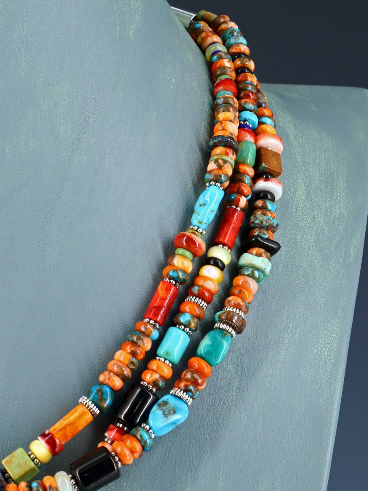 Native American Jewelry Triple Strand Spiny Oyster Treasure Necklace - PuebloDirect.com