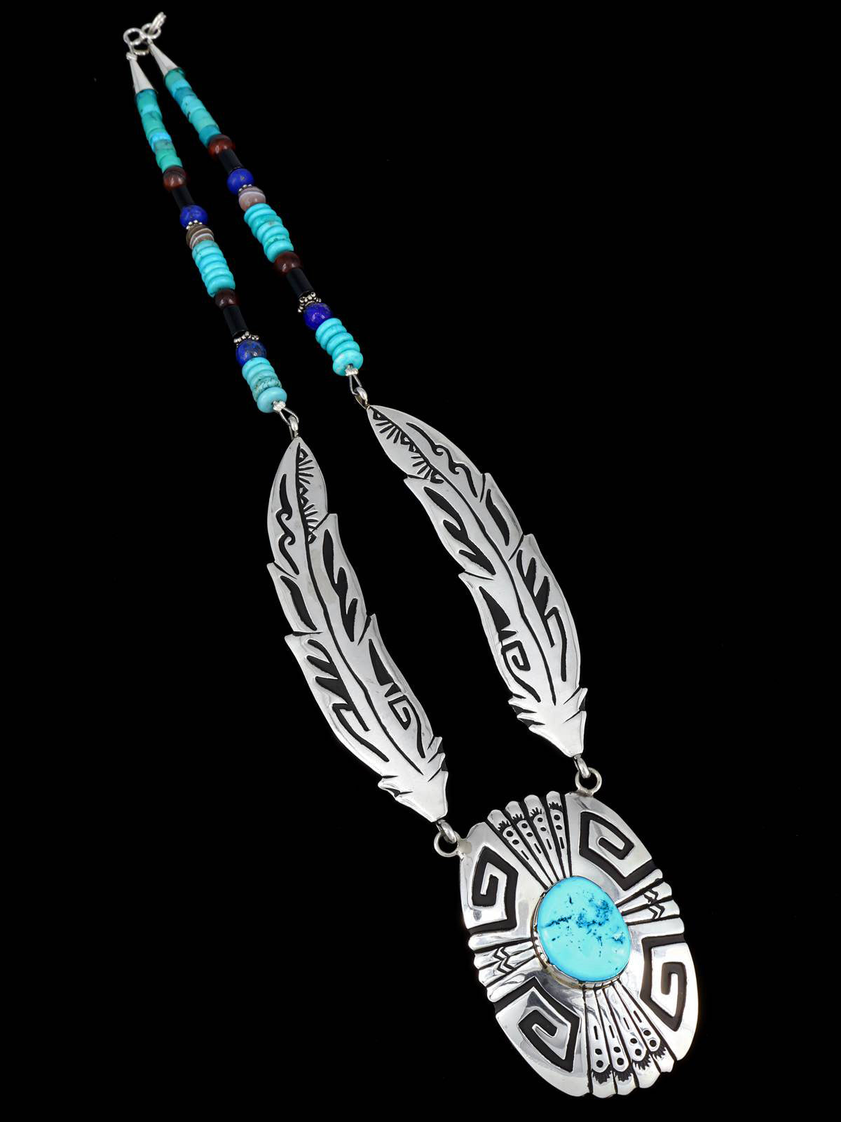 Navajo Turquoise Beaded Sterling Silver Feather Necklace