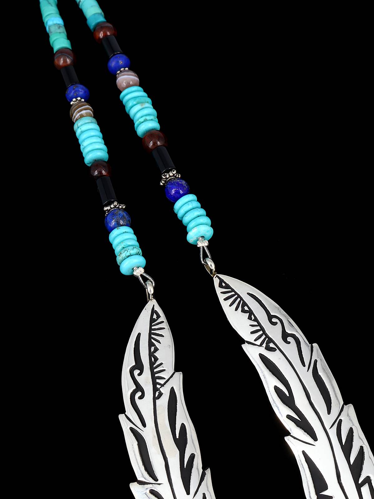 Navajo Turquoise Beaded Sterling Silver Feather Necklace