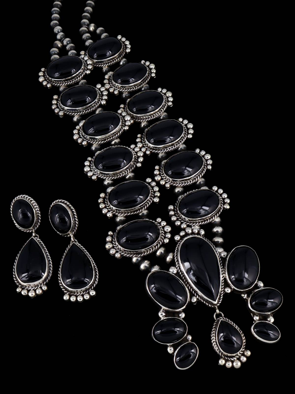 Native American Jewelry Black Onyx Squash Blossom Necklace Set
