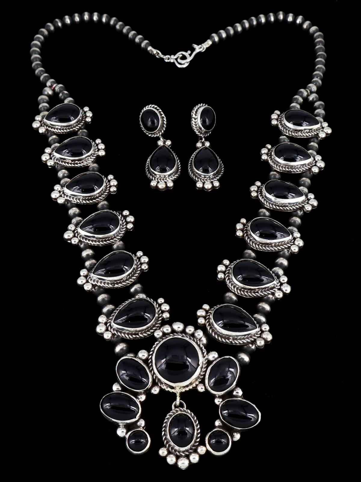 Native American Jewelry Black Onyx Squash Blossom Necklace Set