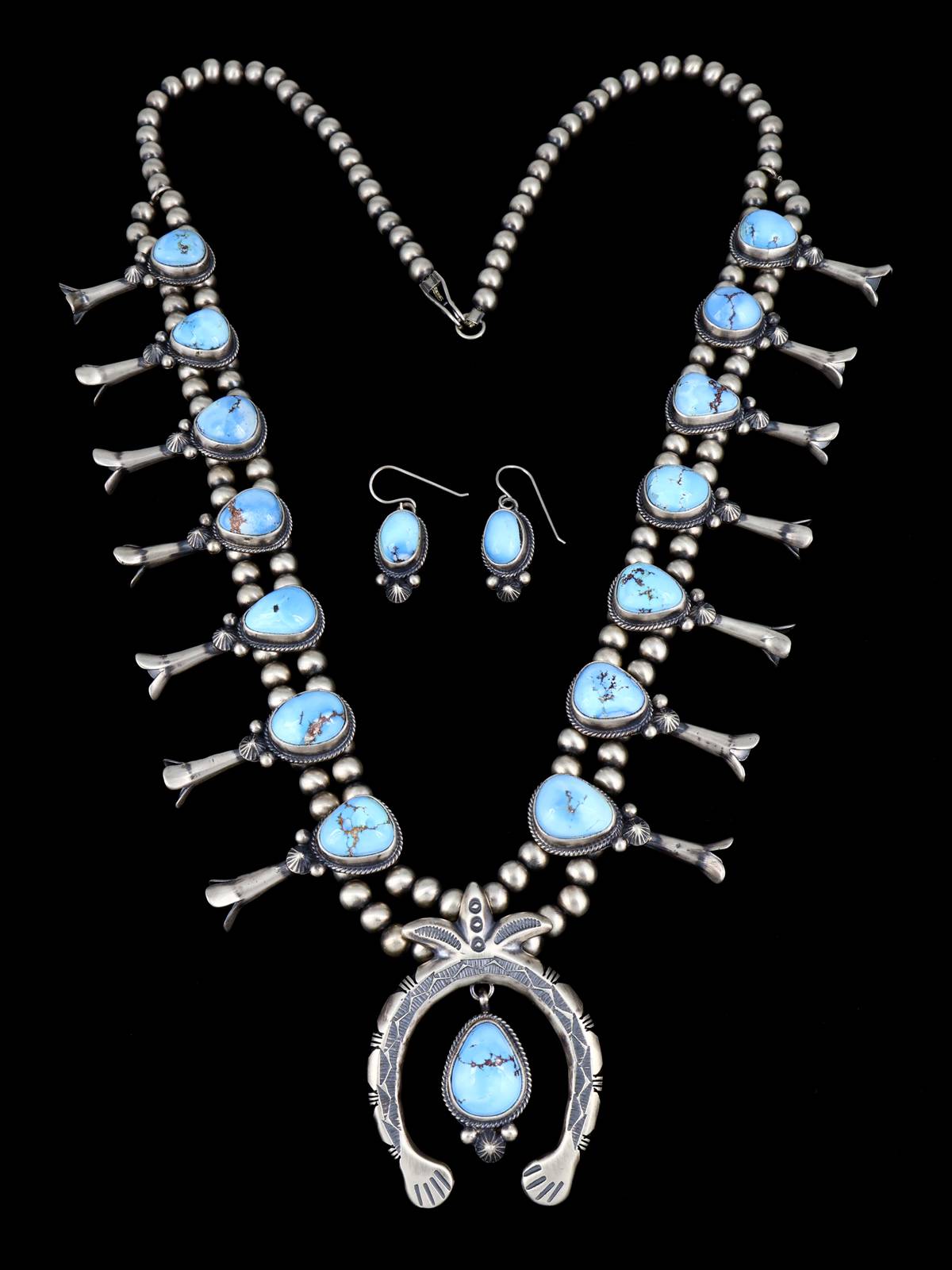 Juego de collar de flor de calabaza turquesa Kingman de plata de ley de nativos americanos