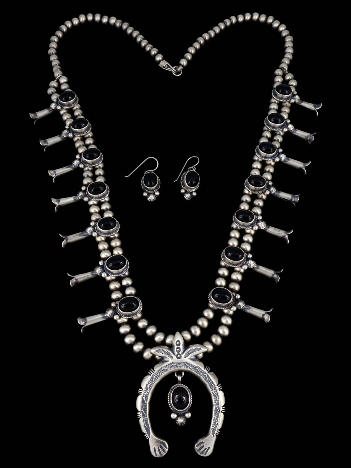 Native American Sterling Silver Onyx Squash Blossom Necklace Set