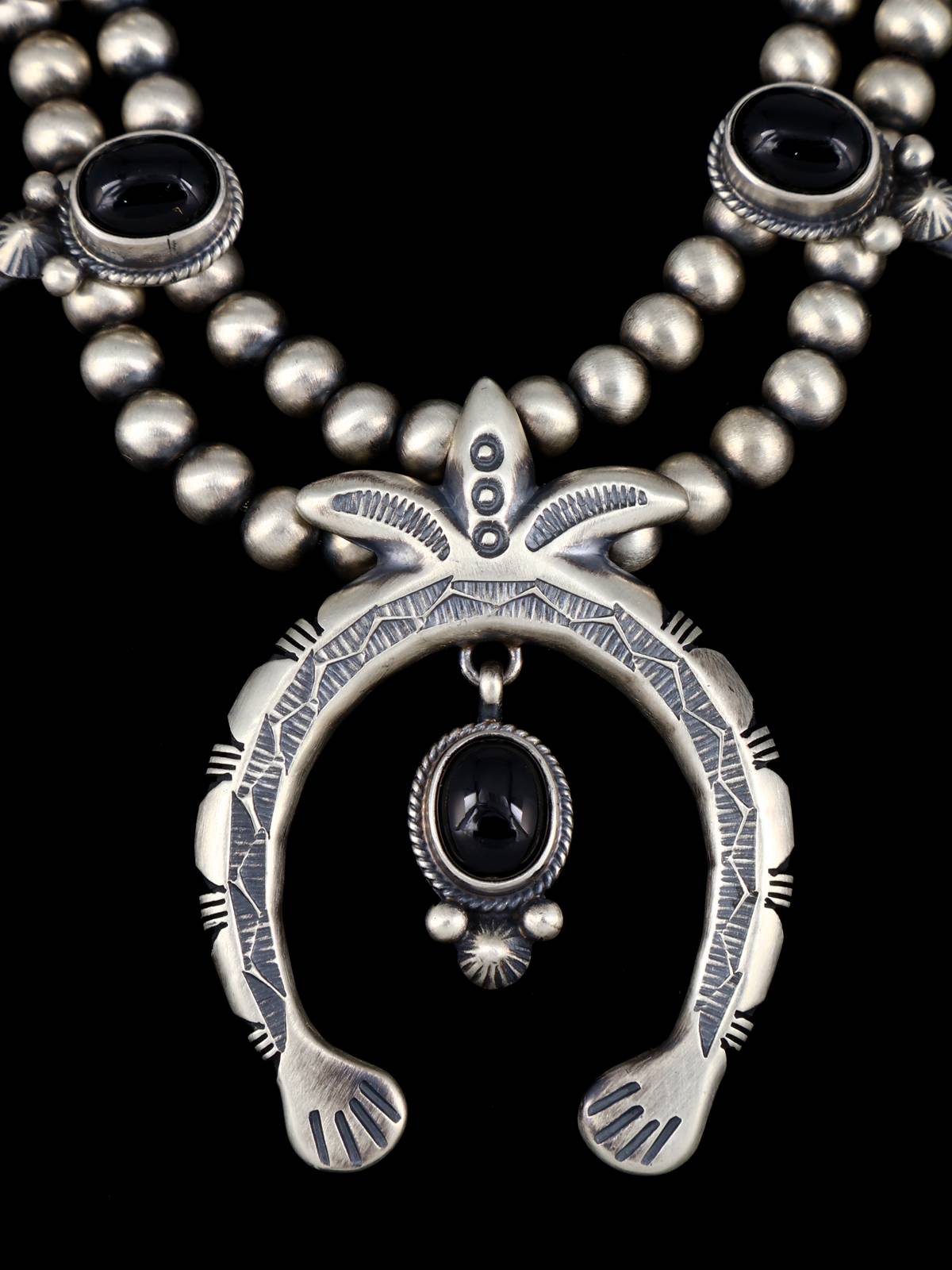 Native American Sterling Silver Onyx Squash Blossom Necklace Set