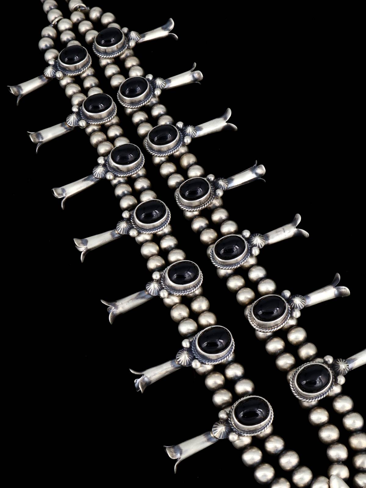 Native American Sterling Silver Onyx Squash Blossom Necklace Set