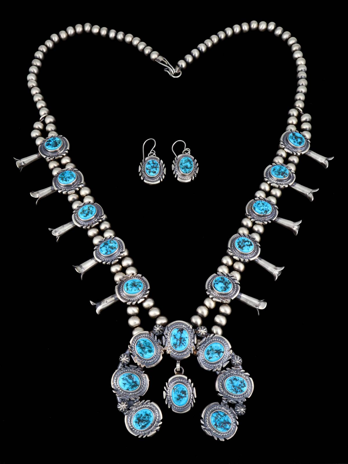 Native American Sterling Silver Kingman Turquoise Squash Blossom Necklace Set