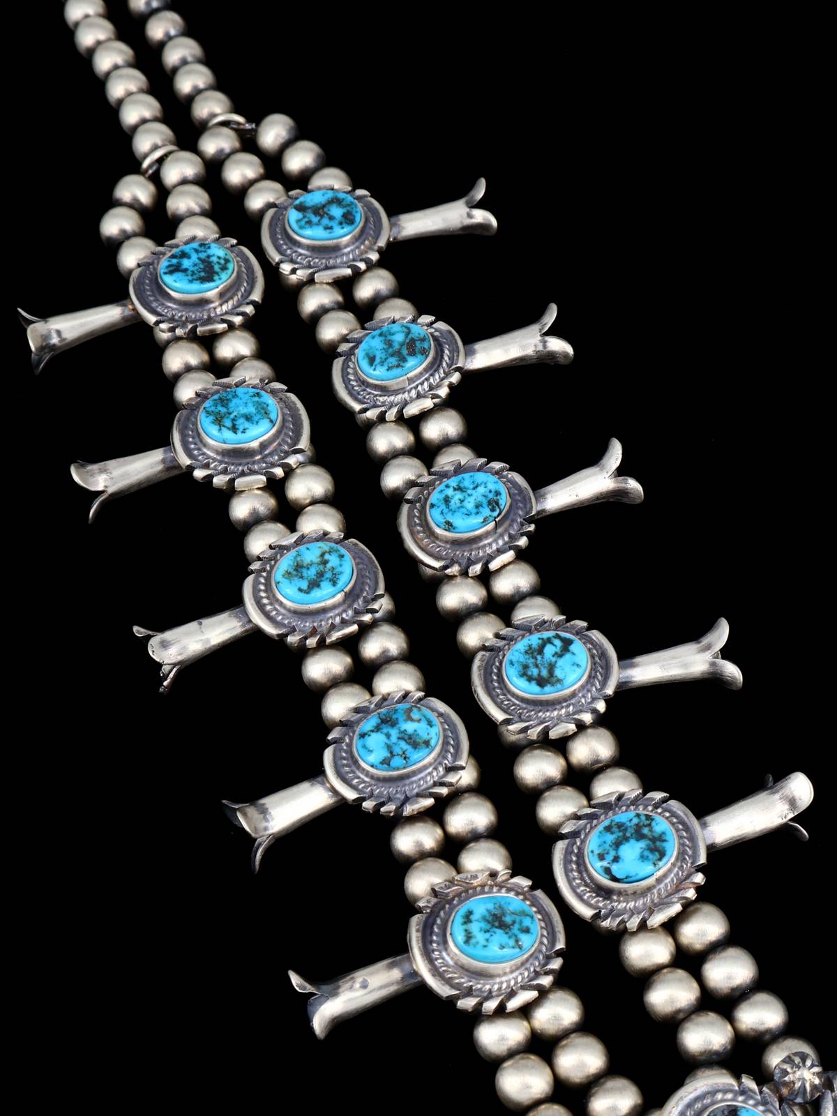 Native American Sterling Silver Kingman Turquoise Squash Blossom Necklace Set