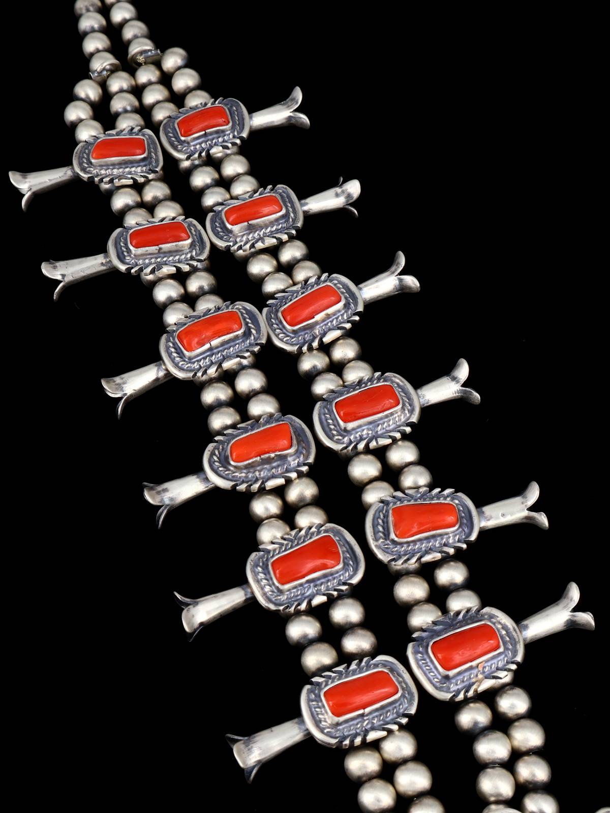 Conjunto de collar de flor de calabaza de plata de ley de coral mediterráneo natural