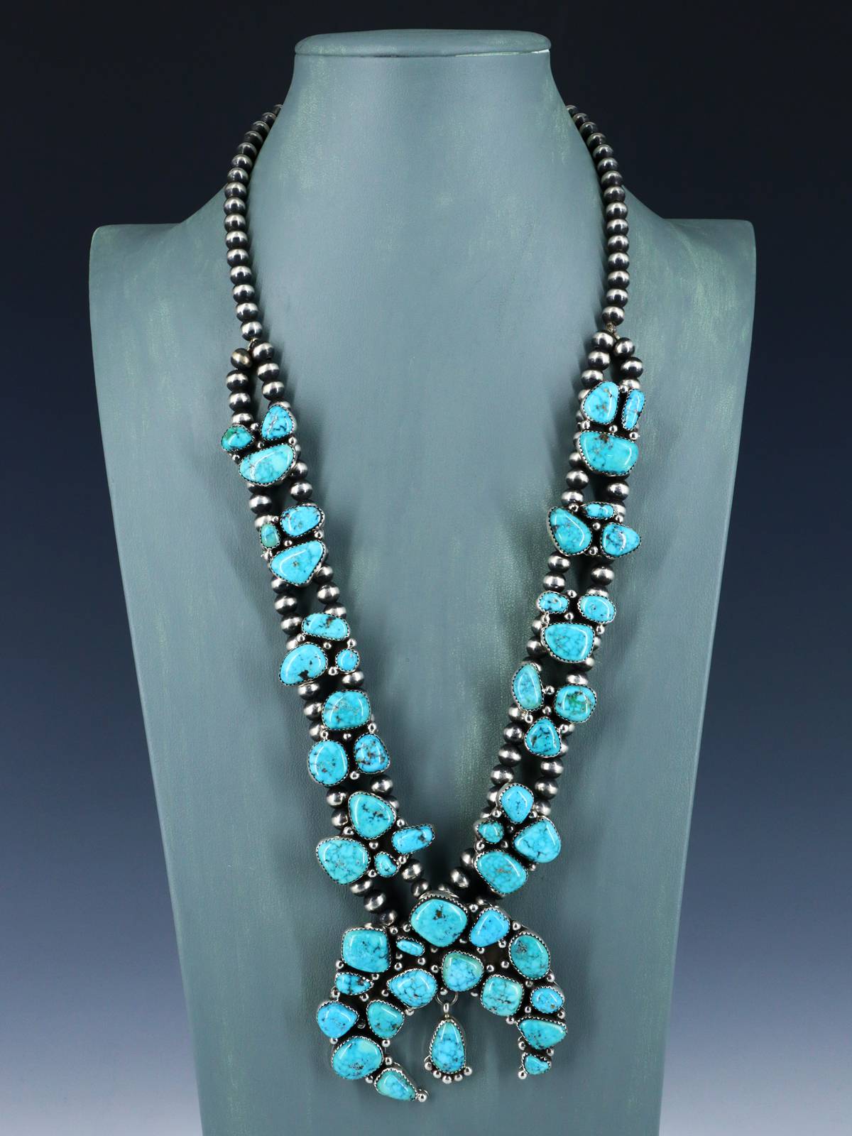 Native American Old Kingman Turquoise Squash Blossom Necklace