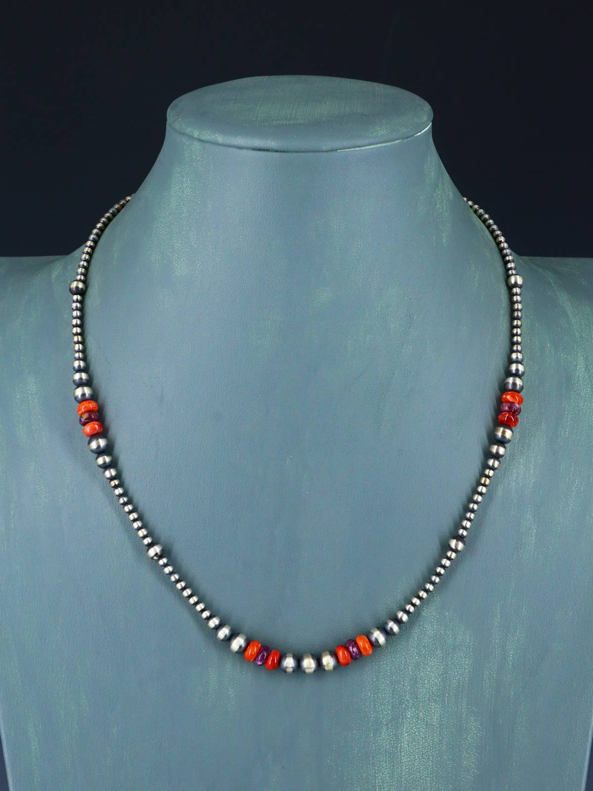 Native American Spiny Oyster and Silver Bead Necklace