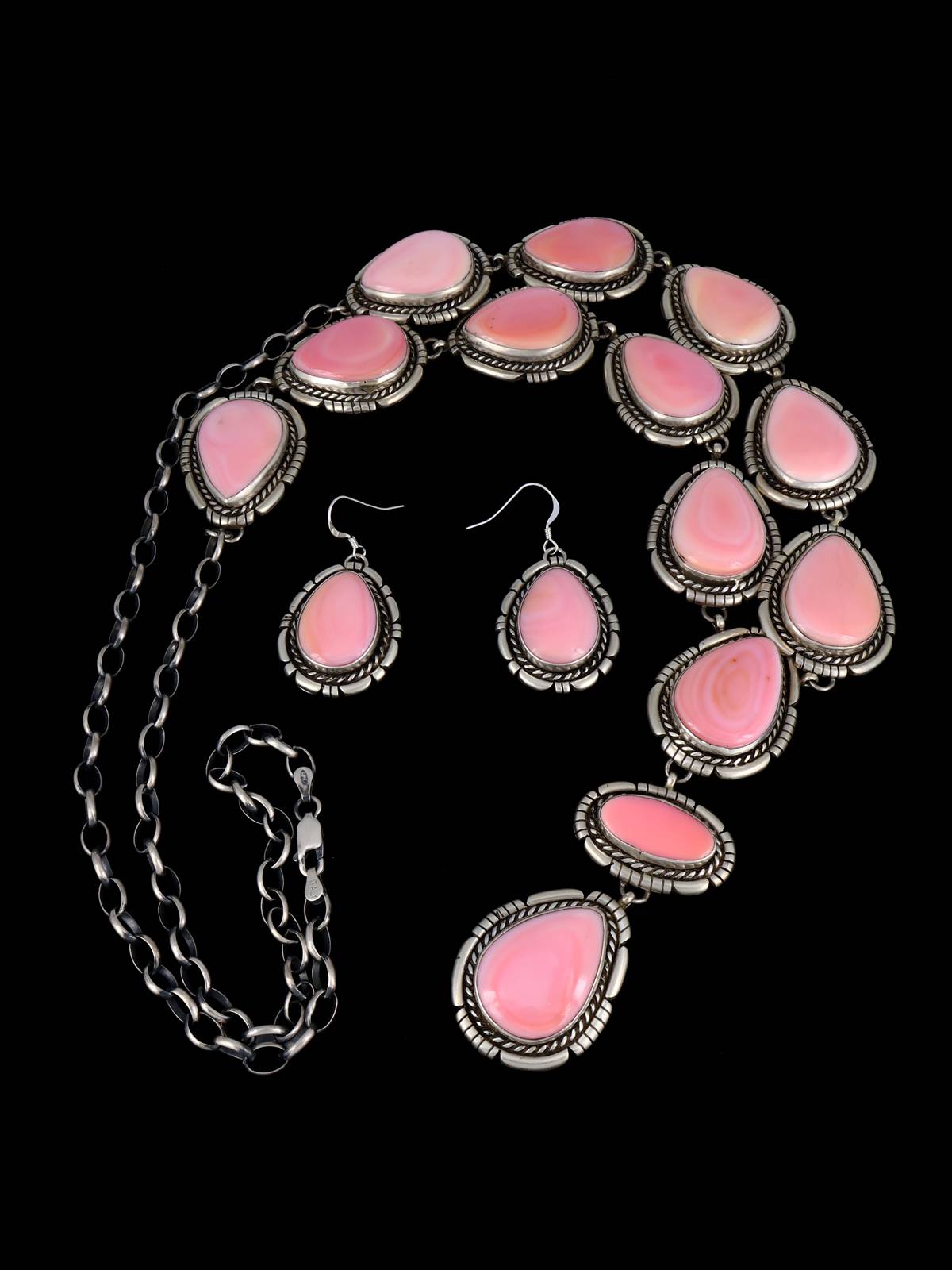 Native American Pink Conch Lariat Necklace and Earring Set