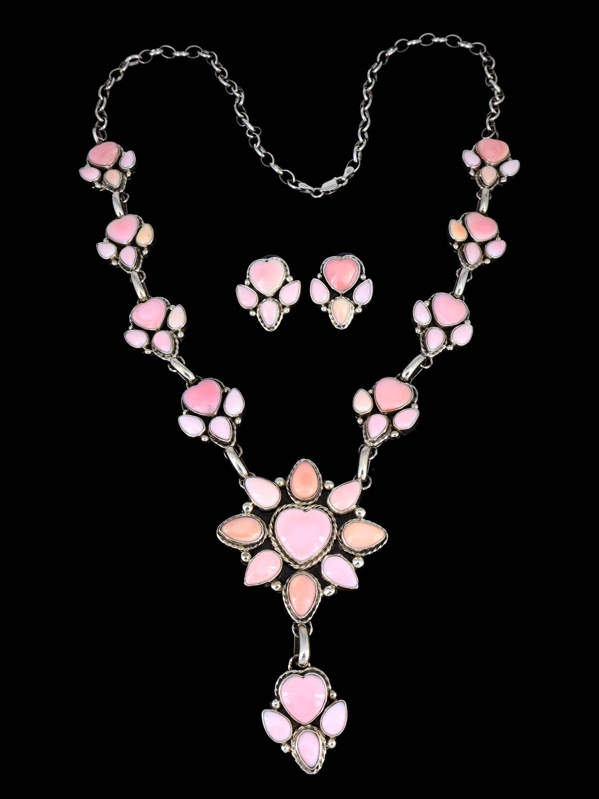 Native American Pink Conch Heart Lariat Necklace and Earring Set