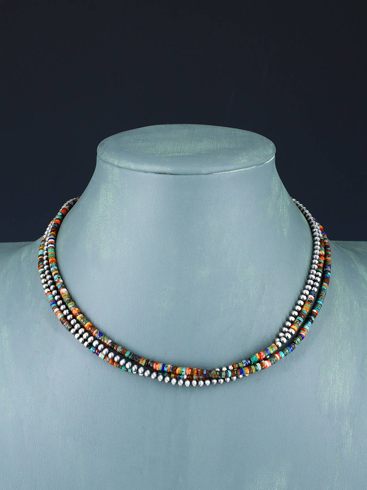 Navajo Jewelry Three Strand Multistone Sterling Silver Beaded Necklace