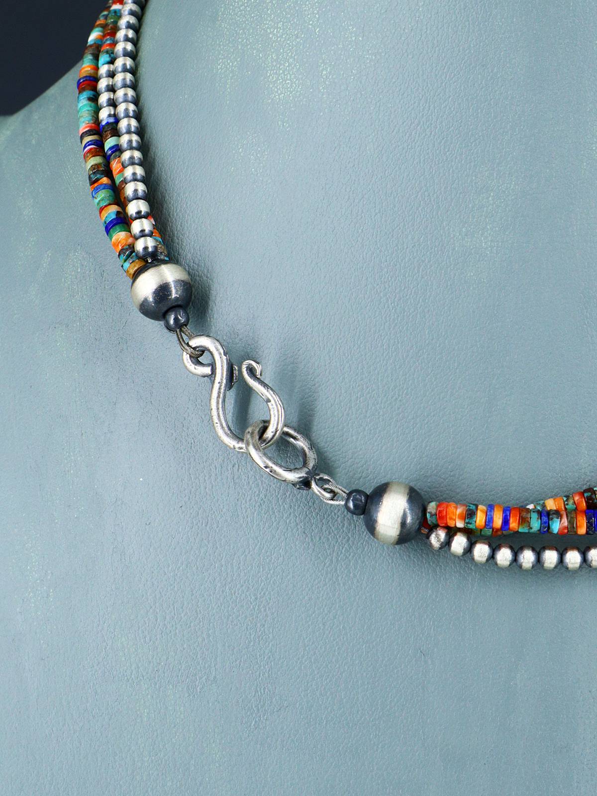 Navajo Jewelry Three Strand Multistone Sterling Silver Beaded Necklace