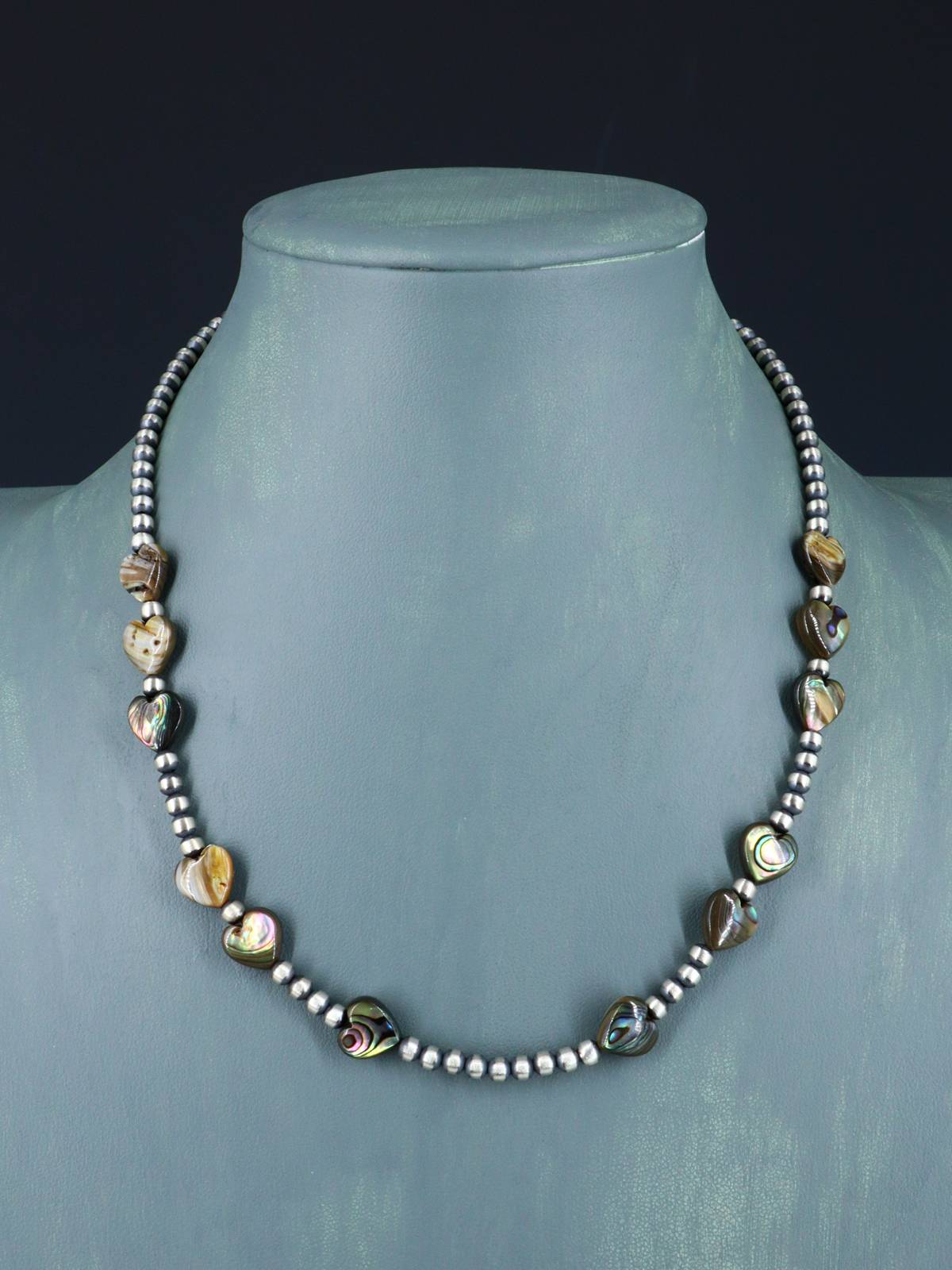 18" Native American Abalone Heart and Sterling Silver Bead Necklace