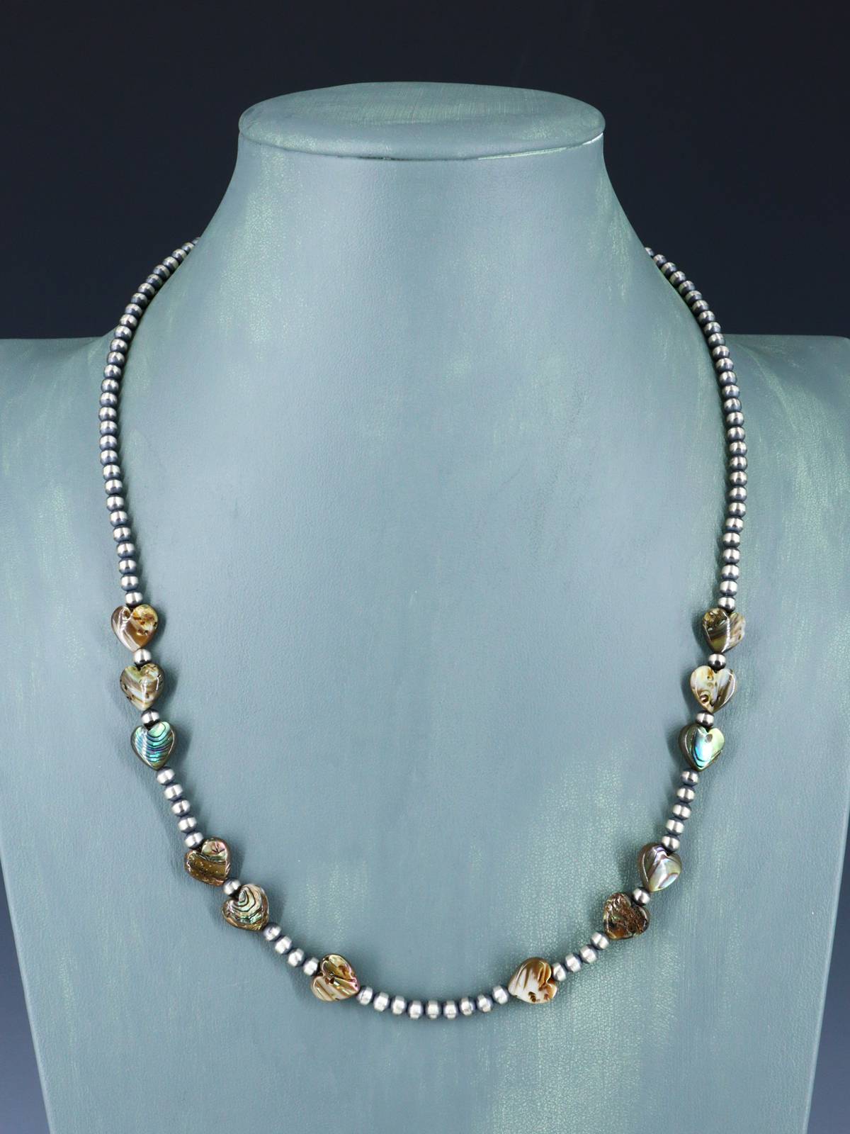 22" Native American Abalone Heart and Sterling Silver Bead Necklace