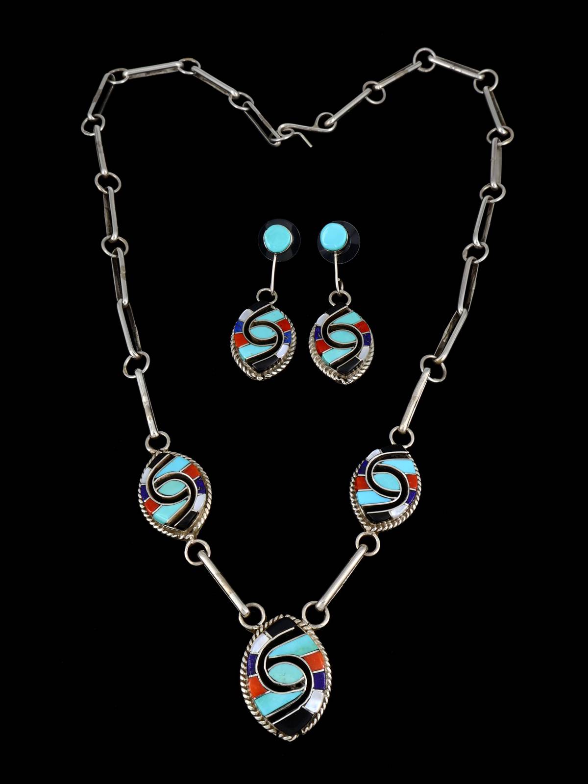 Ensemble de colliers papillons amérindiens en argent sterling avec incrustation Zuni