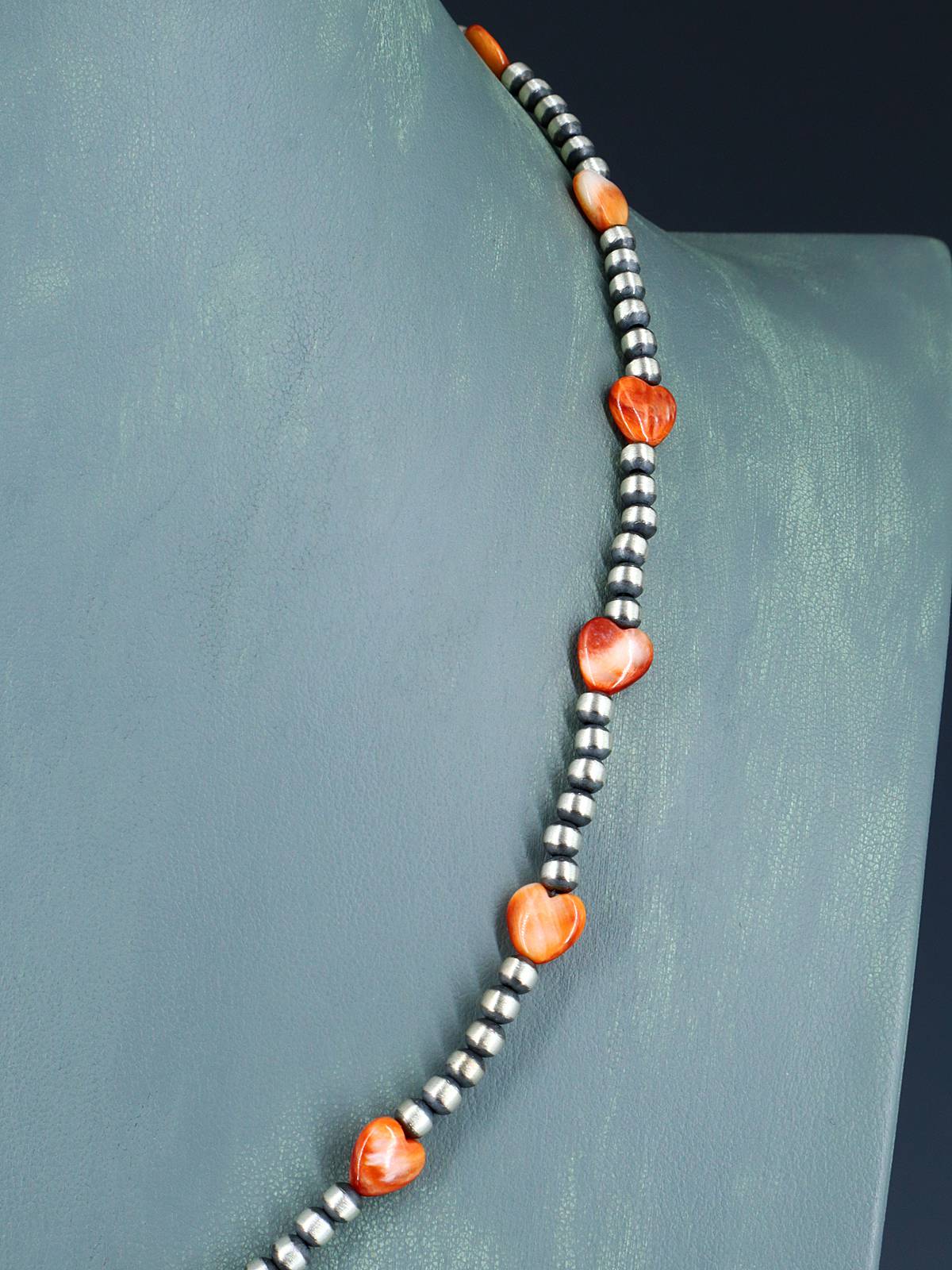 Native American Spiny Oyster Heart and Silver Bead Necklace