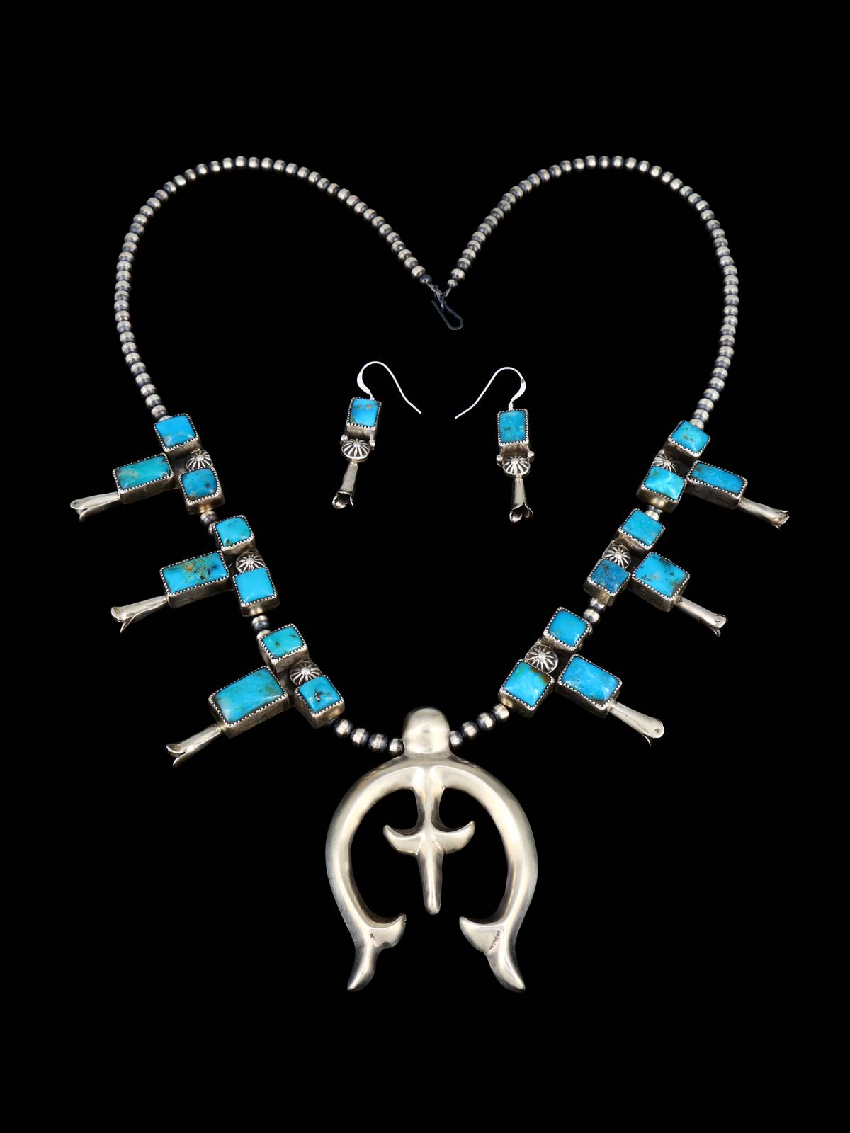 Native American Turquoise Sterling Silver Squash Blossom Necklace Set
