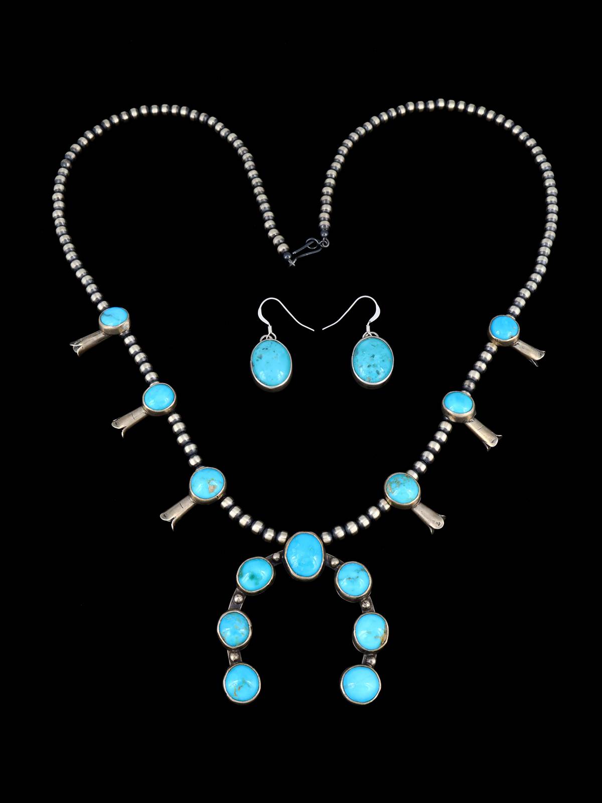 Native American Sterling Silver Turquoise Petite Squash Blossom Necklace Set
