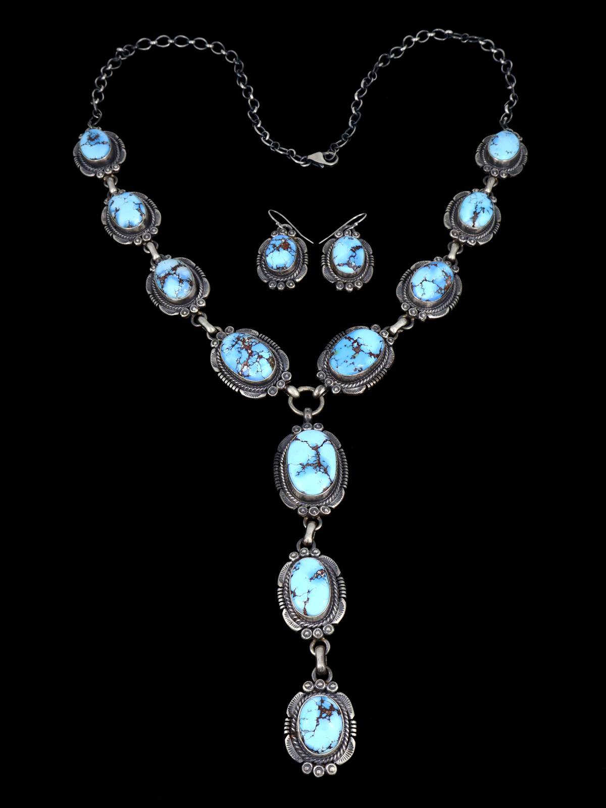 Juego de collar tipo lazo de plata de ley con turquesa de Golden Hill