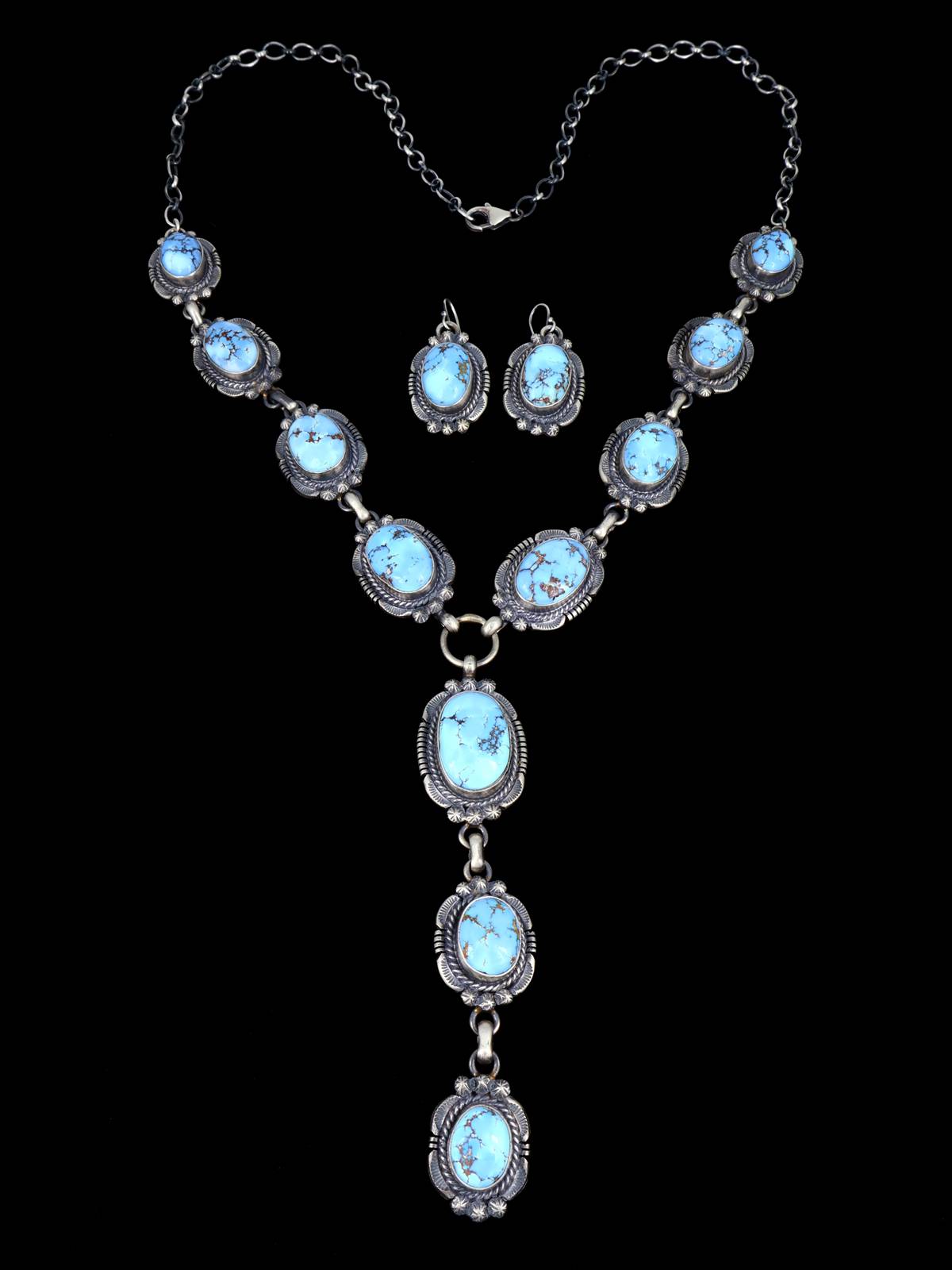 Natural Golden Hill Turquoise Sterling Silver Lariat Necklace Set