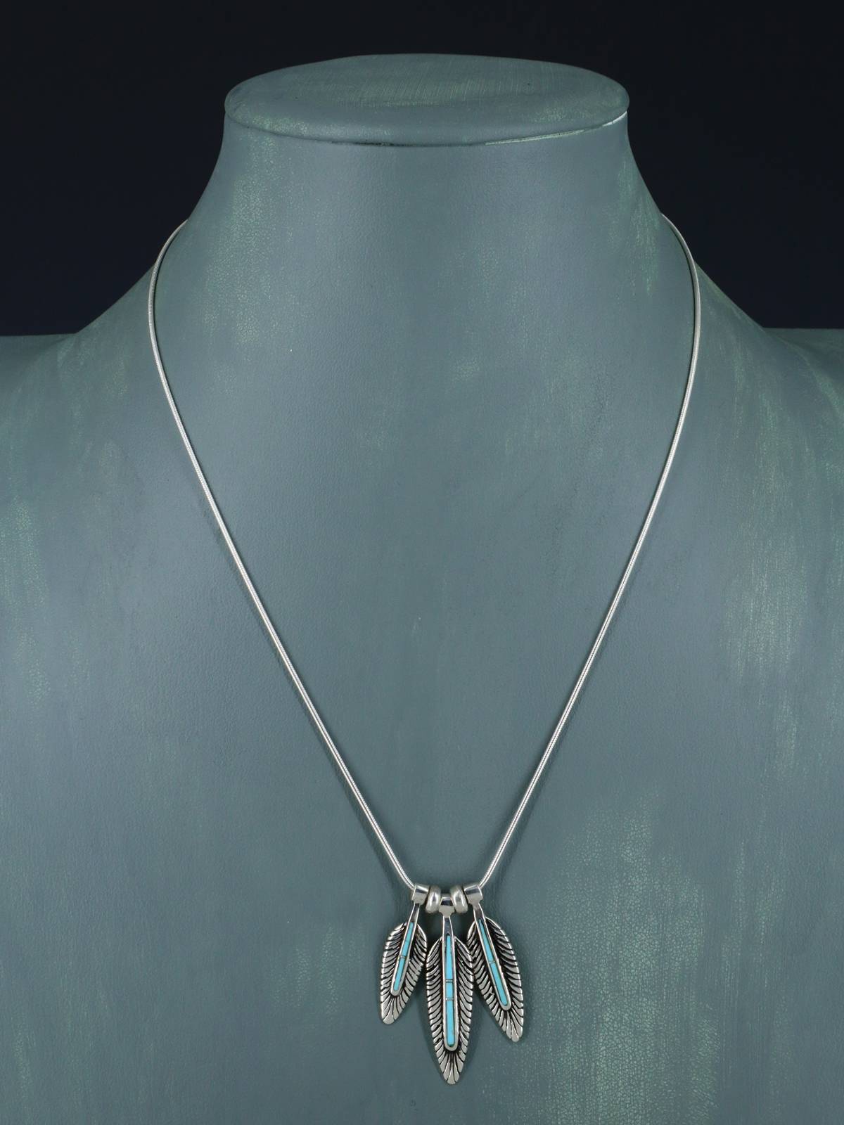 Native American Sterling Silver Turquoise Feather Inlay Necklace